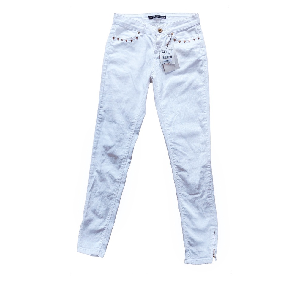Zara White Skinny Jeans Gold Studs Ankle Zips